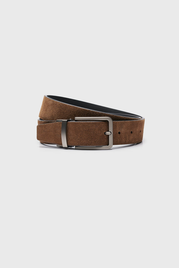 Suede and leather reversible belt