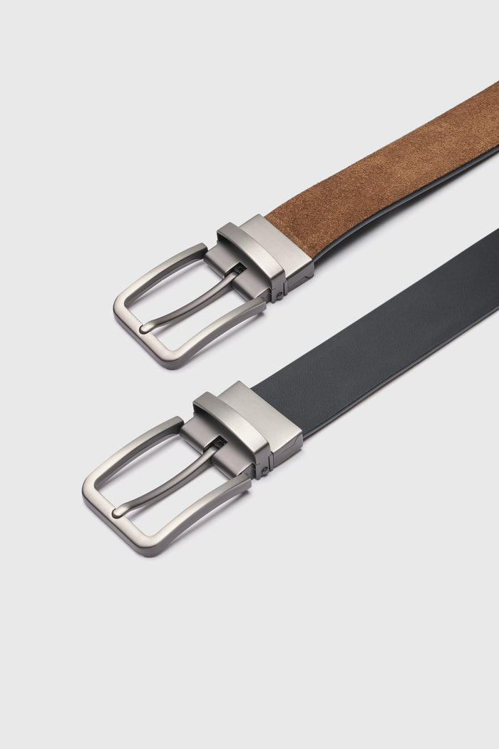 Suede and leather reversible belt