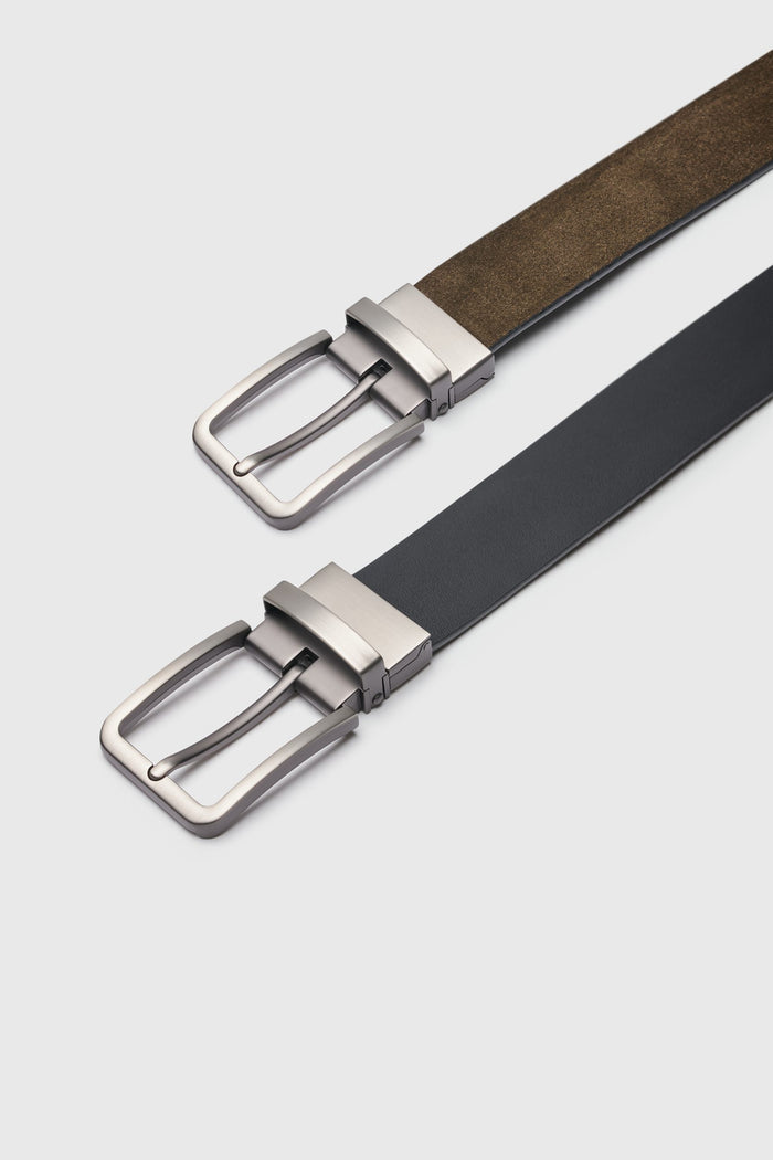 Suede and leather reversible belt