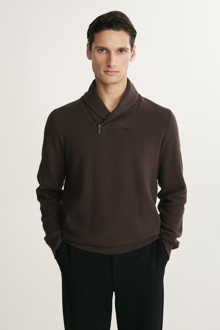 Textured shawl collar sweater
