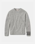 Front flat lay of The Costa alpaca sweater showcasing textured knit and patterned cuff in light grey on a light background