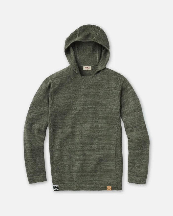 Front flat lay of The Hoodie alpaca hoodie showing eucalyptus green marled knit and leather logo patch on white background