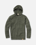 Front flat lay of The Hoodie alpaca hoodie showing eucalyptus green marled knit and leather logo patch on white background