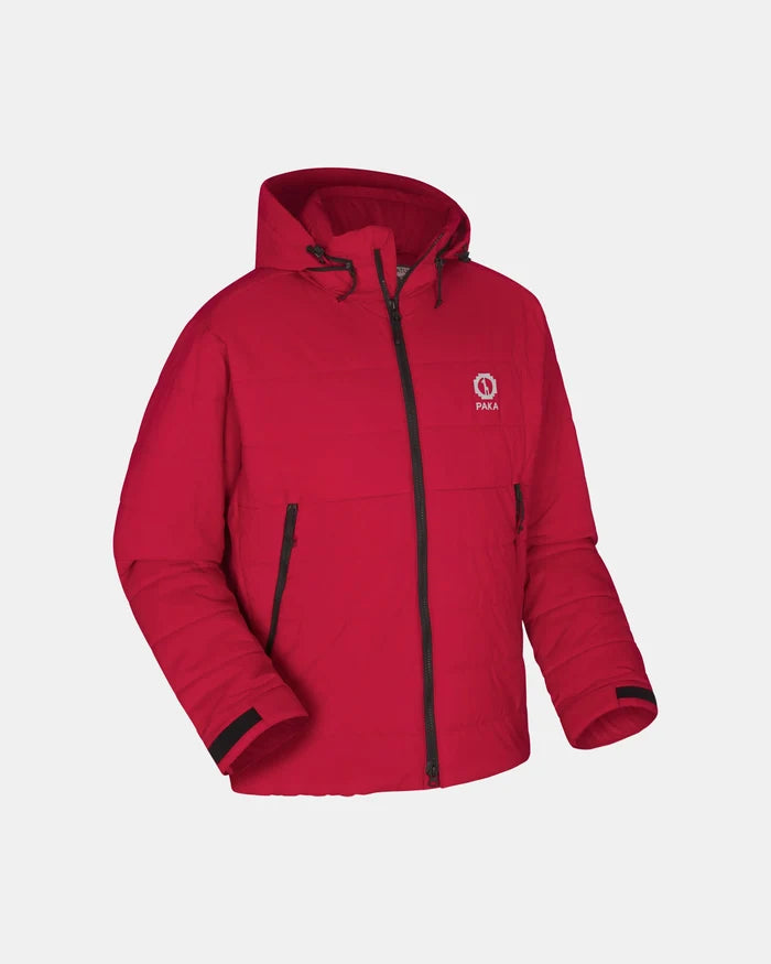 Three-quarter front of The Huascarán Jacket showcasing hood, black center zipper and zip pockets on gray background