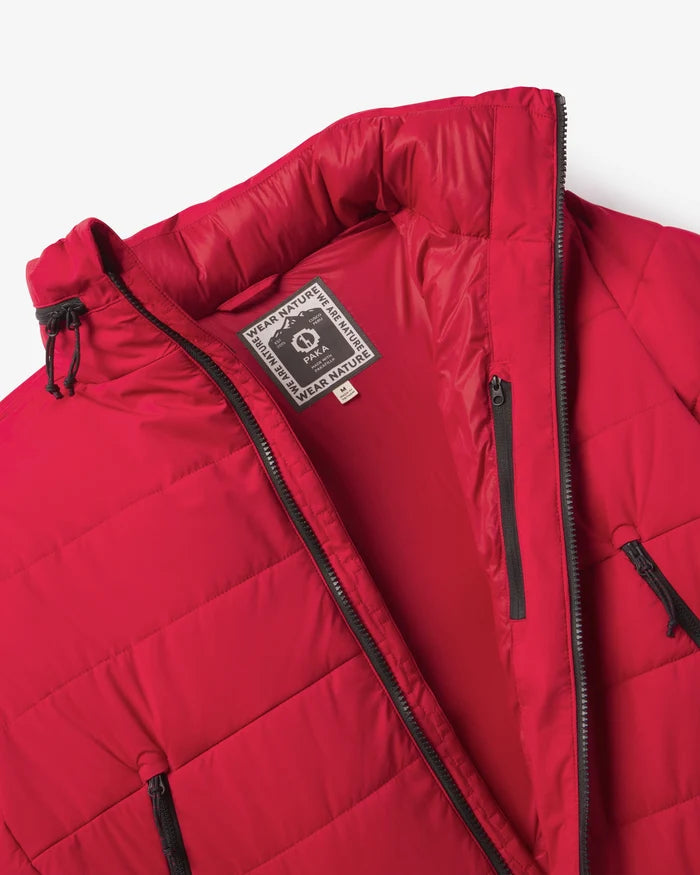 Top view of The Huascarán Jacket showing open front with stand collar, visible WEAR NATURE label, and vertical zip pockets on white background