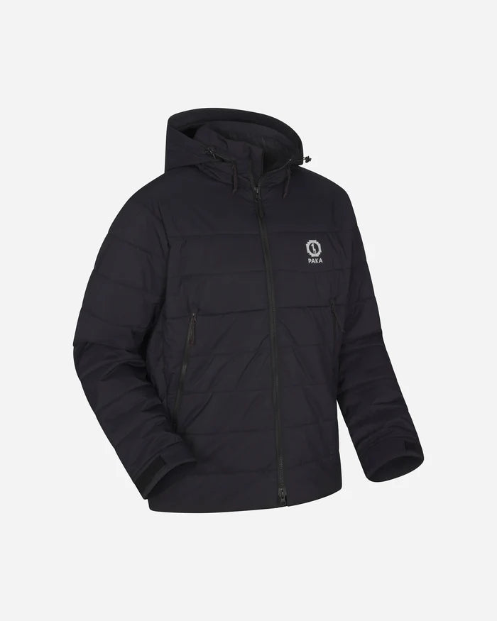 Angled front view of Huascarán Jacket showing hooded recycled nylon puffer, zip front and pockets on light gray background