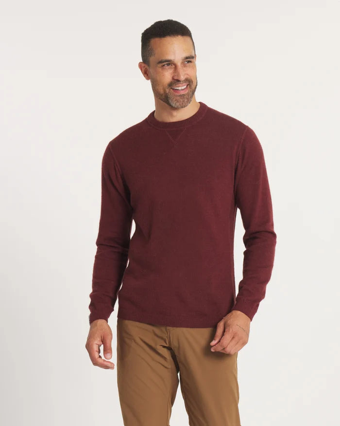 Front view of The Lightweight Crew burgundy alpaca-blend crewneck on model showcasing relaxed fit and long sleeves on white background