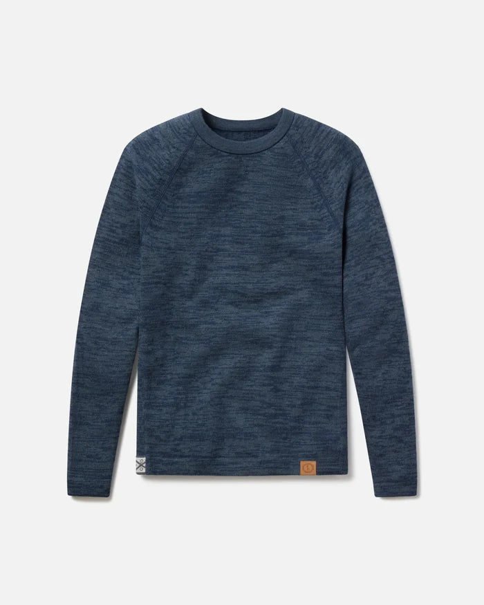 Front view of The Original Crew alpaca crewneck sweater in navy showing raglan sleeves and heathered knit on gray background