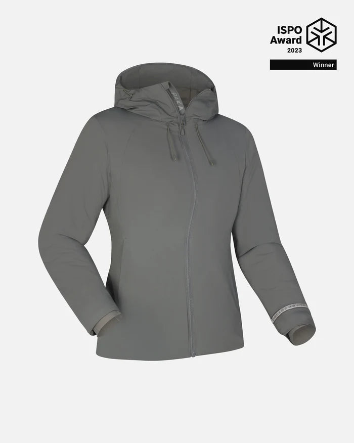 Front three-quarter view of The Original Women’s Apu Parka, forage grey, hooded with full zip and PAKAFILL insulation
