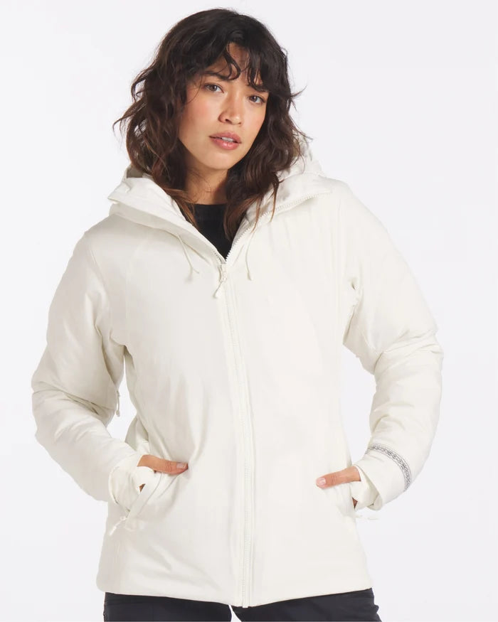 Front view of Women’s Apu Parka in ivory with hooded zip front, hand-warmer pockets, relaxed fit on white background