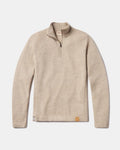 Flat lay of The Quarter Zip alpaca sweater showing quarter-zip collar, raglan sleeves, and leather logo patch on white background