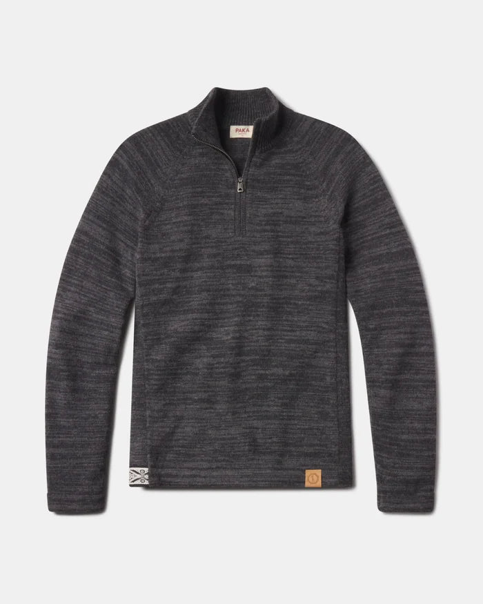 The Quarter Zip front flat view, charcoal heather alpaca sweater with quarter-zip collar, long sleeves, leather hem patch on gray background