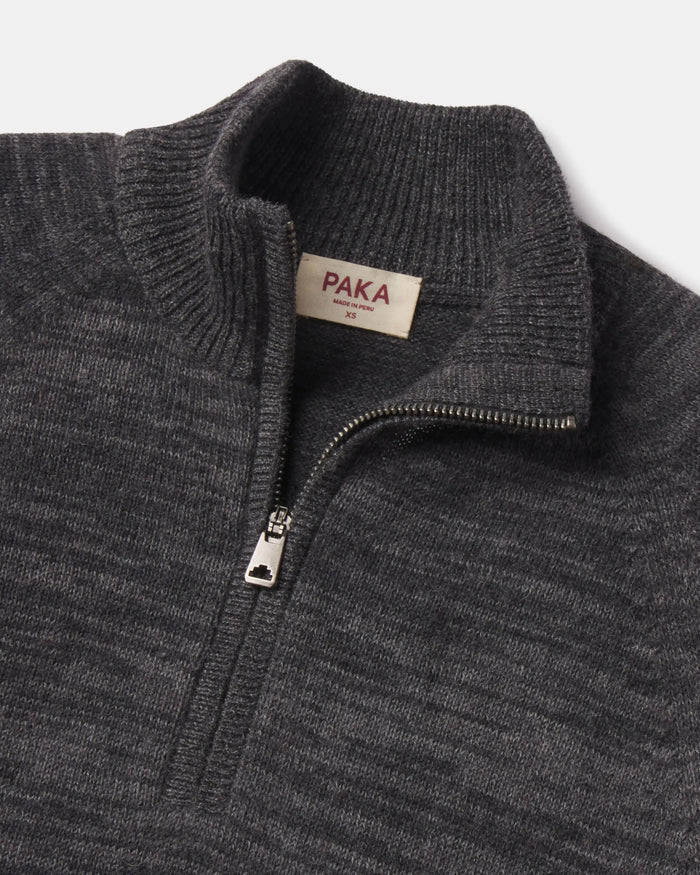 Close-up of The Quarter Zip alpaca wool sweater showing metal half-zip, ribbed stand collar on light gray background