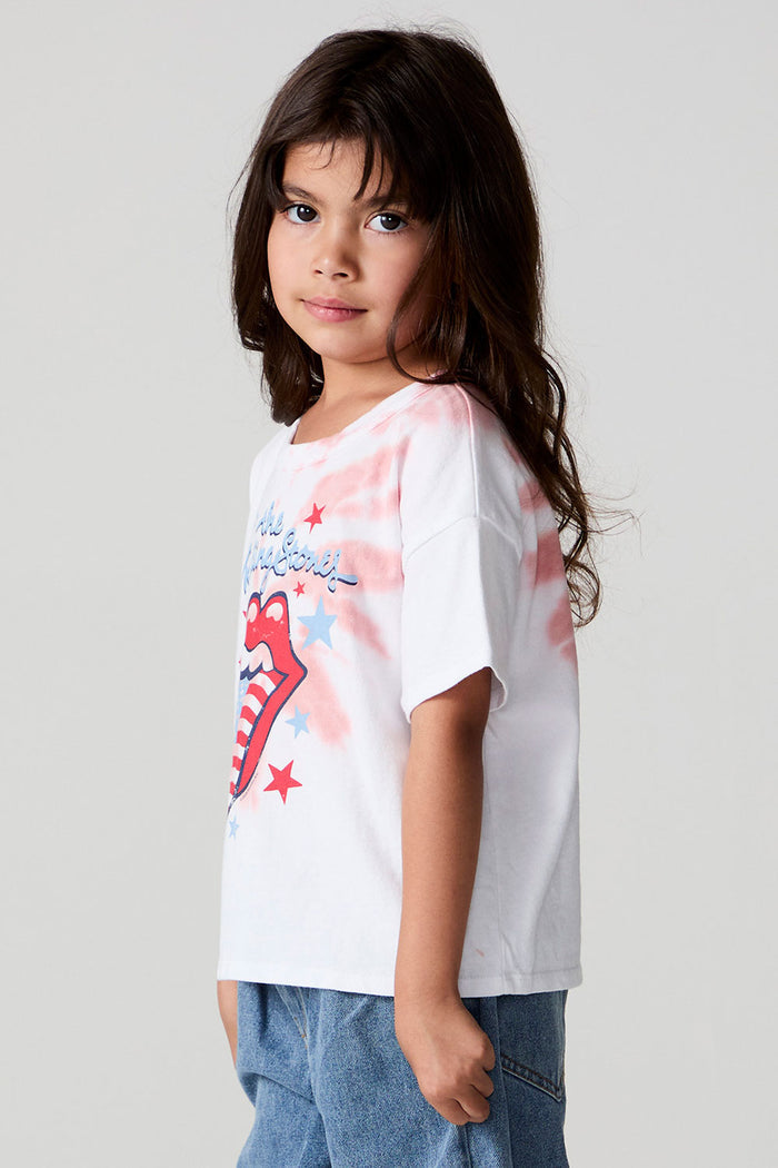 Side view of a girl wearing the Chaser The Rolling Stones Americana Stones Tee on a neutral background