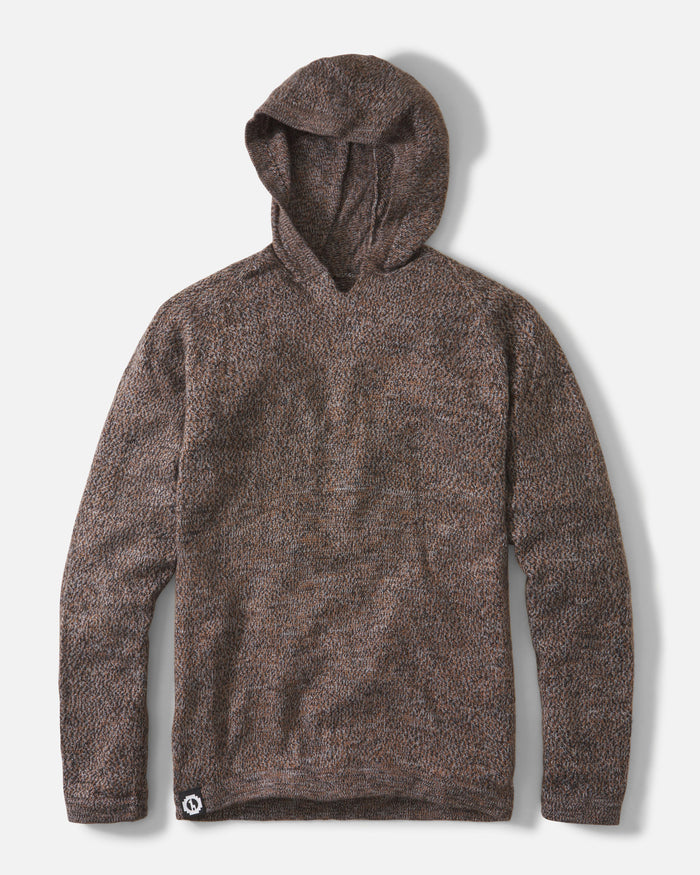 Flat lay of The Vida hoodie showcasing marled brown knit texture and attached hood with long sleeves on white background