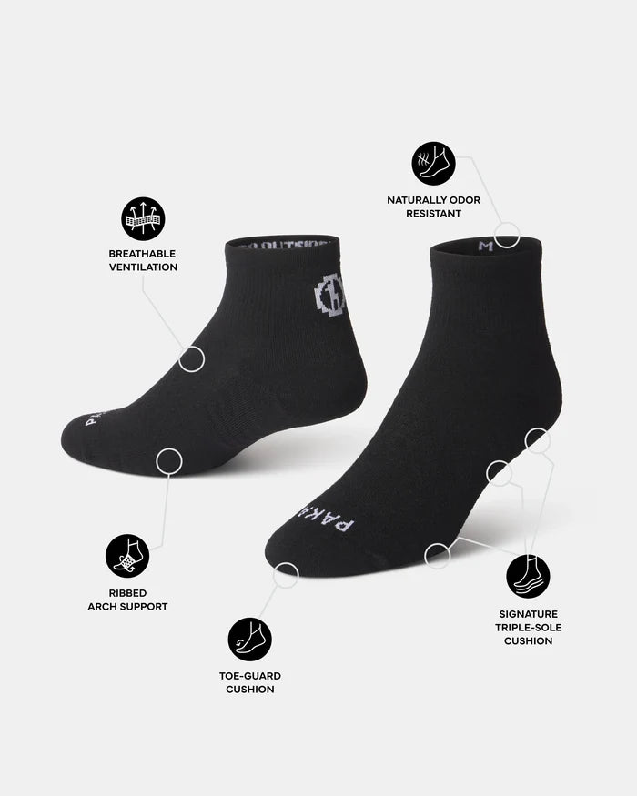 Angled view of Trail 1/4 crew socks showing breathable ventilation, ribbed arch support, toe-guard cushion, odor-resistant fabric