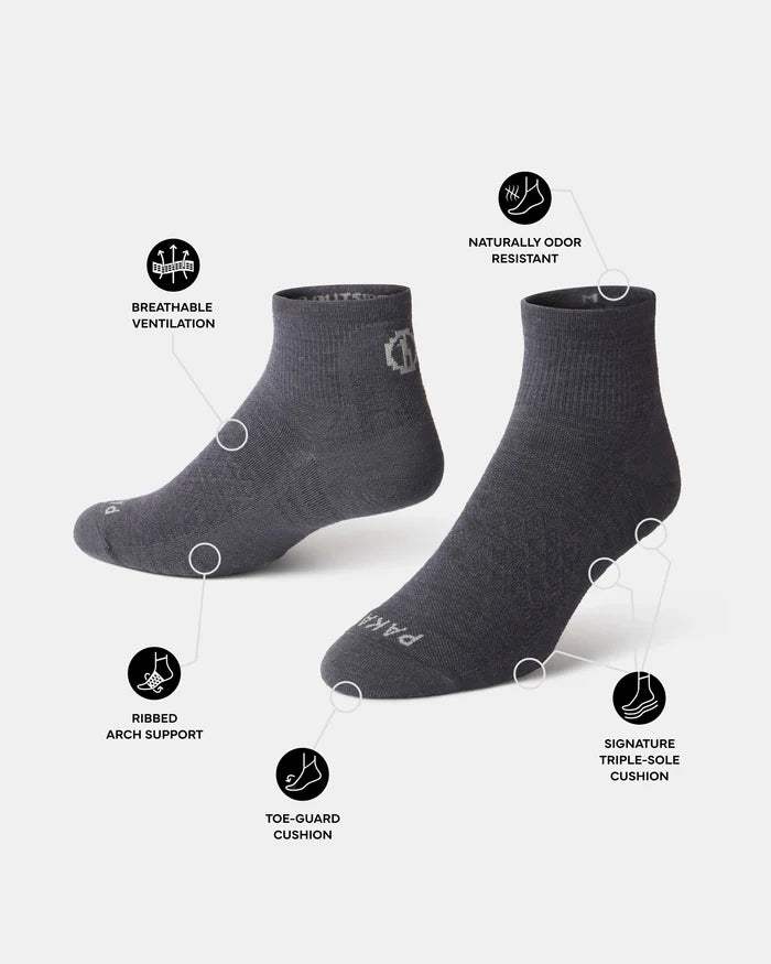 Angled view of Trail 1/4 Crew socks highlighting ventilation, arch support, toe and sole cushioning, and odor resistance