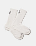White socks with black logo on a white background