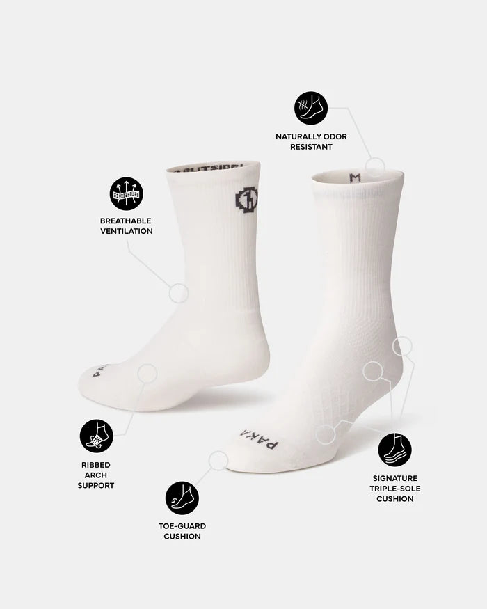 Front three-quarter view of Trail 3/4 Crew socks in white showing ventilation, ribbed arch support and triple-sole cushion