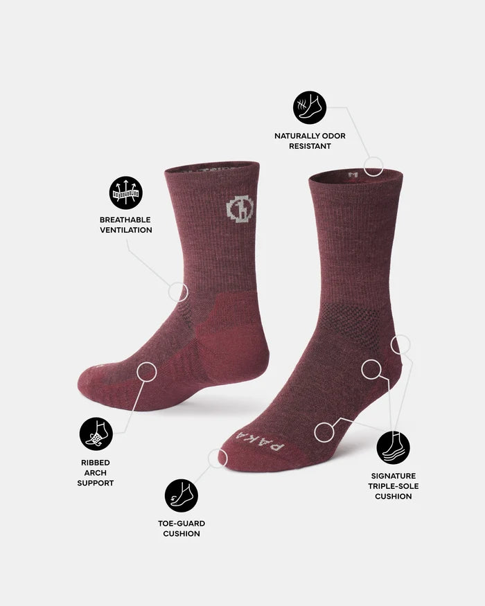 Trail 3/4 crew socks, maroon, angled view; ventilation, ribbed arch support, toe-guard, triple-sole cushion, odor-resistant