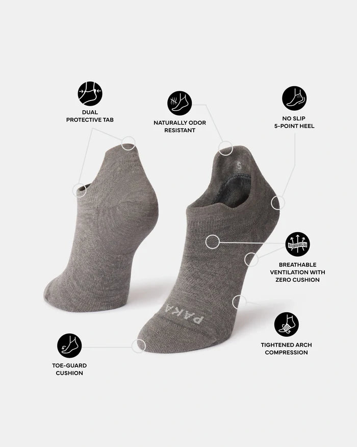 Annotated product photo of Trail Ankle Socks highlighting dual tab, odor resistance, no‑slip heel, venting, arch compression