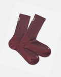 Top-down view of Trail Crew Socks in burgundy showing crew height, ribbed cuff and cushioned sole on a light gray background