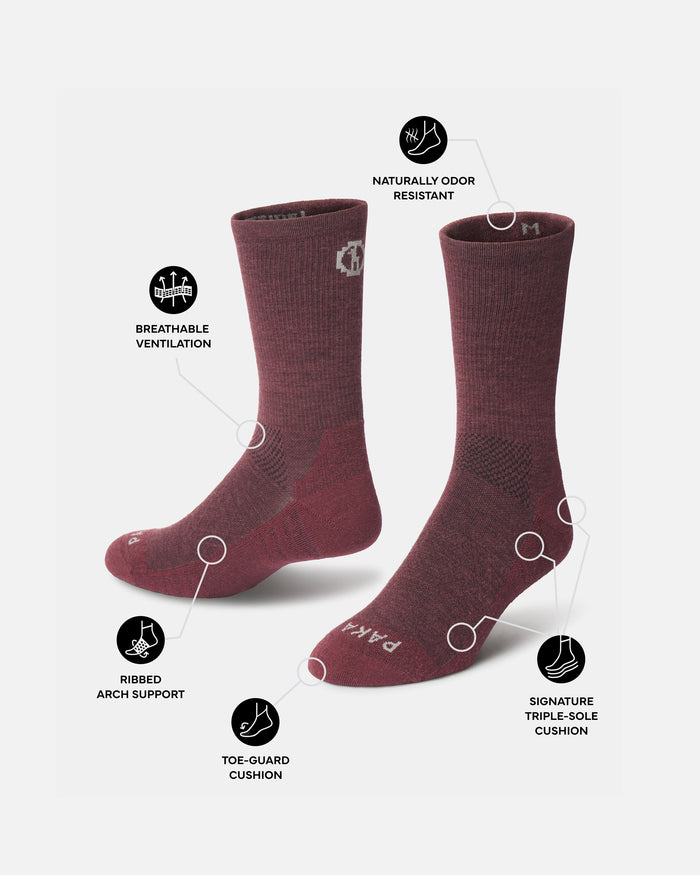 Diagram of Trail Crew socks with callouts for ventilation, arch support, toe guard, odor resistance, and triple-sole cushion