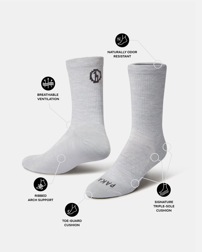 Side-by-side Trail Crew socks in light gray showing breathable ventilation, ribbed arch, toe-guard and triple-sole cushion