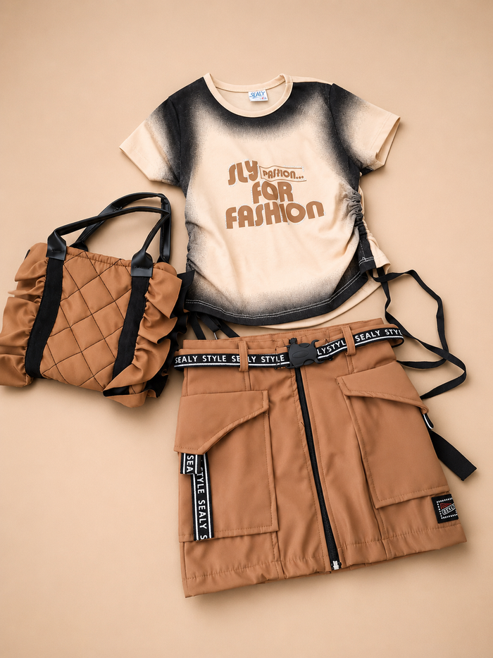 Trendy Meisjes Set - Cargo Rok & Tie-Dye Top met Tas