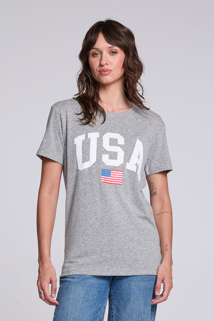 Chaser USA Flag Oversized Tee in Streaky Grey with oversized fit and vintage-inspired USA graphic paired with relaxed denim