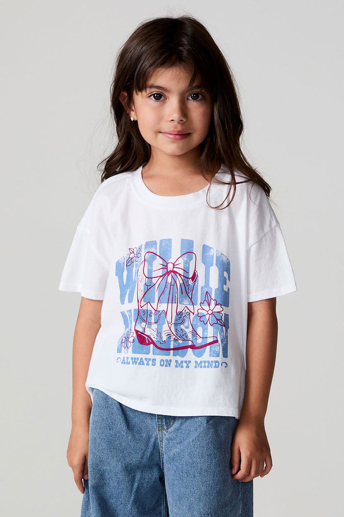 Front view of a girl wearing the Chaser Willie Nelson Cowgirl Tee on a neutral background