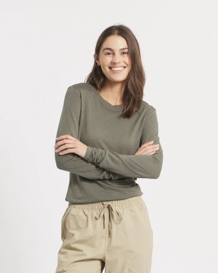Front view of Women’s Aire Long Sleeve shirt in eucalyptus on model showcasing slim fit and lightweight fabric, white background