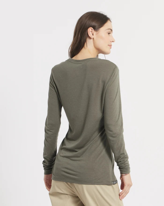 Rear view of Women’s Aire Long Sleeve shirt in eucalyptus showing slim fit long sleeves and drape on plain background