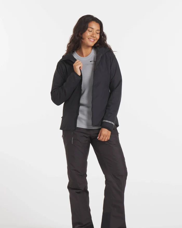 Woman Smiling in Unzipped Black Apu Water Resistant Lightweight Puffer Jacket – PAKA Apparel