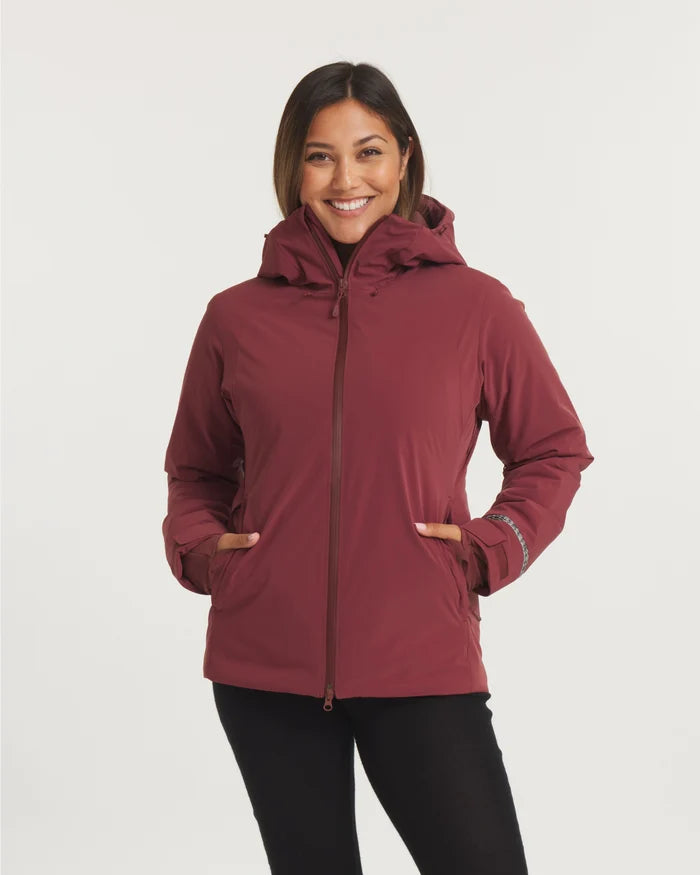 Women Smiling with Hands in Pockets of Ethically Made Apu Parka Winter Jacket in Burgundy – PAKA Apparel