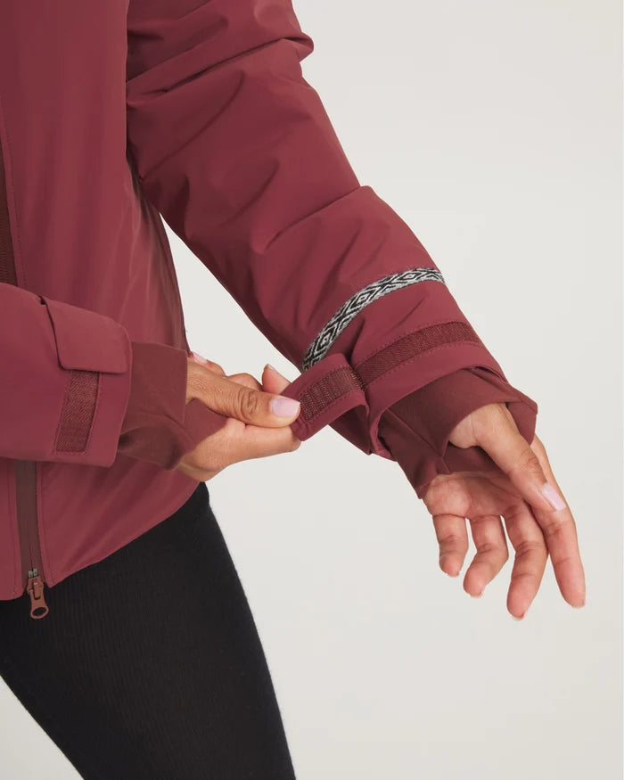 Close-Up of Thumbholes and Adjustable Wrist Straps on Women's Apu Parka in Burgundy – PAKA Apparel