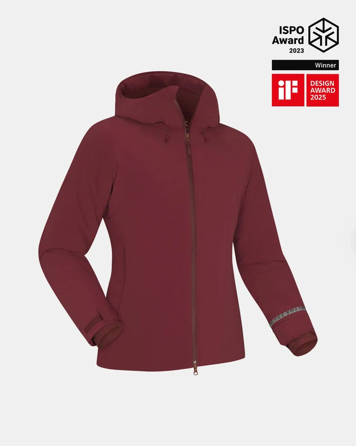 Front view of Women’s Apu Parka in Burgundy with helmet-compatible hood, two-way zipper and award badges on gray background