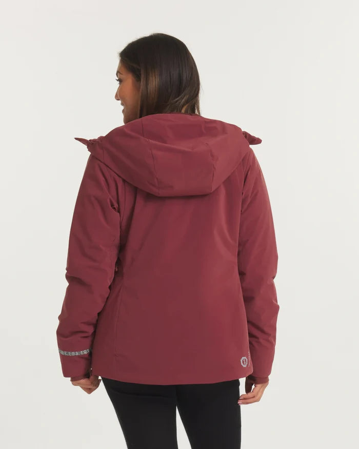 Back view of Women’s Apu Parka in burgundy showing attached hood and reflective cuff detail on a light gray background