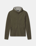 Front view of Women’s Breathe Full Zip Hoodie in Andean Moss with gray lined hood, full zip, and zippered side pockets on white background