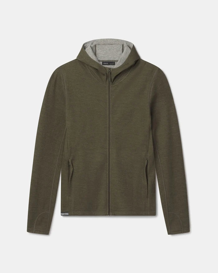 Front view of Women’s Breathe Full Zip Hoodie in Andean Moss with gray lined hood, full zip, and zippered side pockets on white background