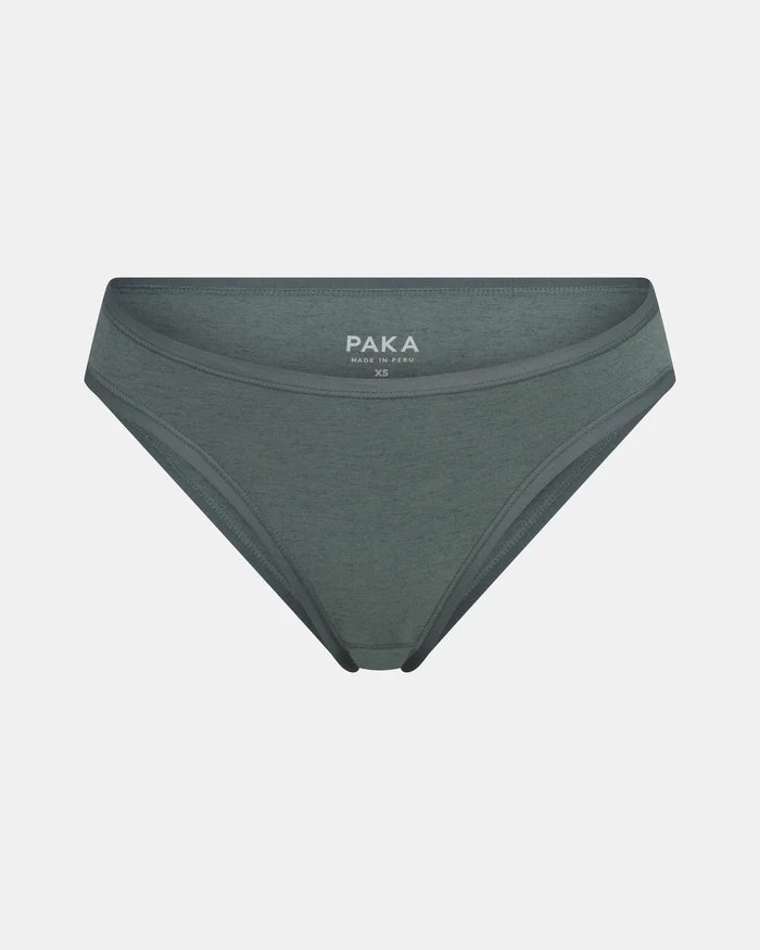 Front view of Women’s Essential Bikini Brief in balsam green showing low-rise bikini cut and visible PAKA label on light gray background
