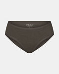 Front view of Women’s Mid-Rise Brief in raisin heather showing mid-rise cut and elastic waistband on light gray background