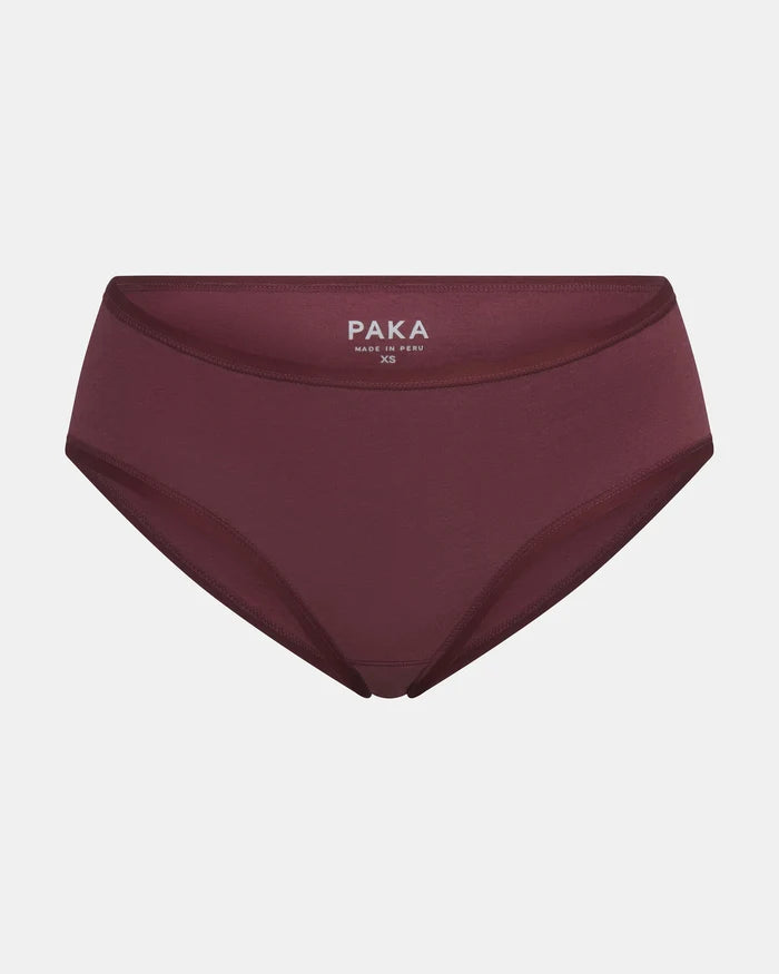 Front view of Women’s Essential Mid-Rise Brief in raisin showcasing mid-rise cut and smooth breathable alpaca fabric on light gray background
