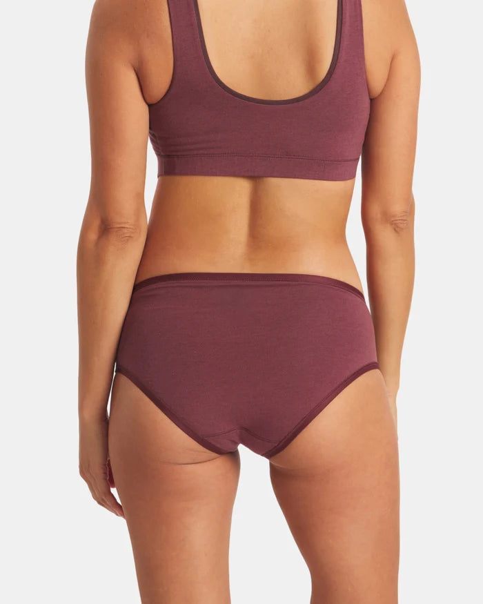Back view of Women’s Essential Mid-Rise Brief in raisin showing mid-rise fit and full coverage in breathable alpaca fabric
