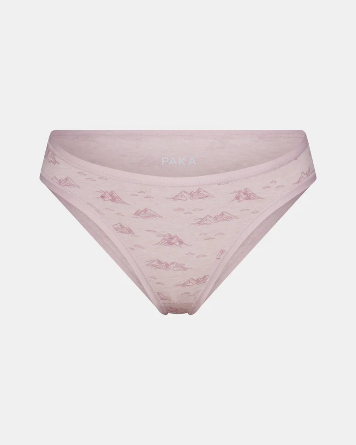 Front view of Women’s Essential Printed Bikini Brief with smokey lavender mountain print and low-rise cut