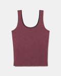 Flat lay of Women’s Essential Tank in raisin showing built-in shelf bra and scoop neck on light gray background