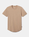 Front view of Women’s Essential Tee in Desert showing crewneck, ribbed neckline and curved hem on light gray background