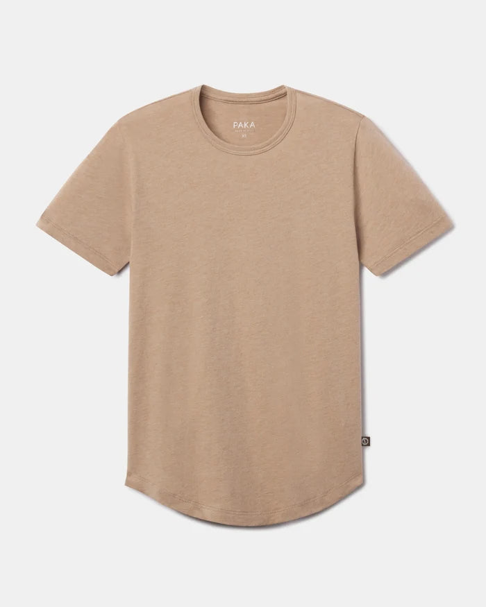 Front view of Women’s Essential Tee in Desert showing crewneck, ribbed neckline and curved hem on light gray background