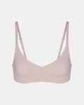 Front view of women’s triangle bralette in light mauve heather with organic cotton and adjustable straps on white background