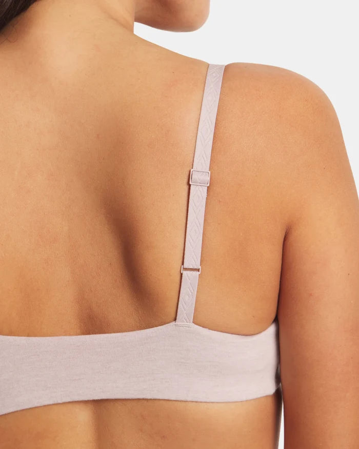 Back view of Women’s Essential Triangle Bralette in organic cotton with adjustable strap and low band on white background